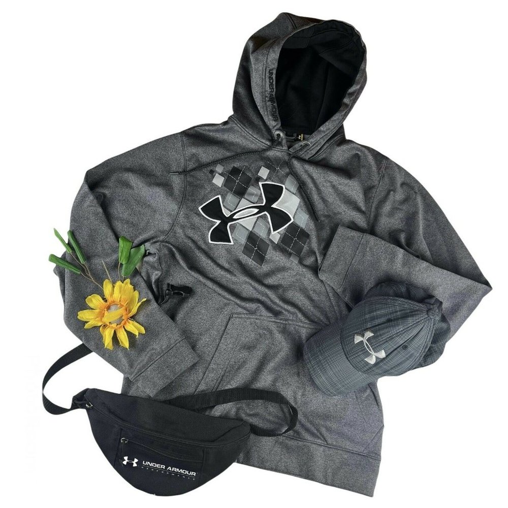 UA Under Armour Hoodie Sweatshirt Pullover Mens Medium Loose Argyle Logo Grey - Picture 1 of 10
